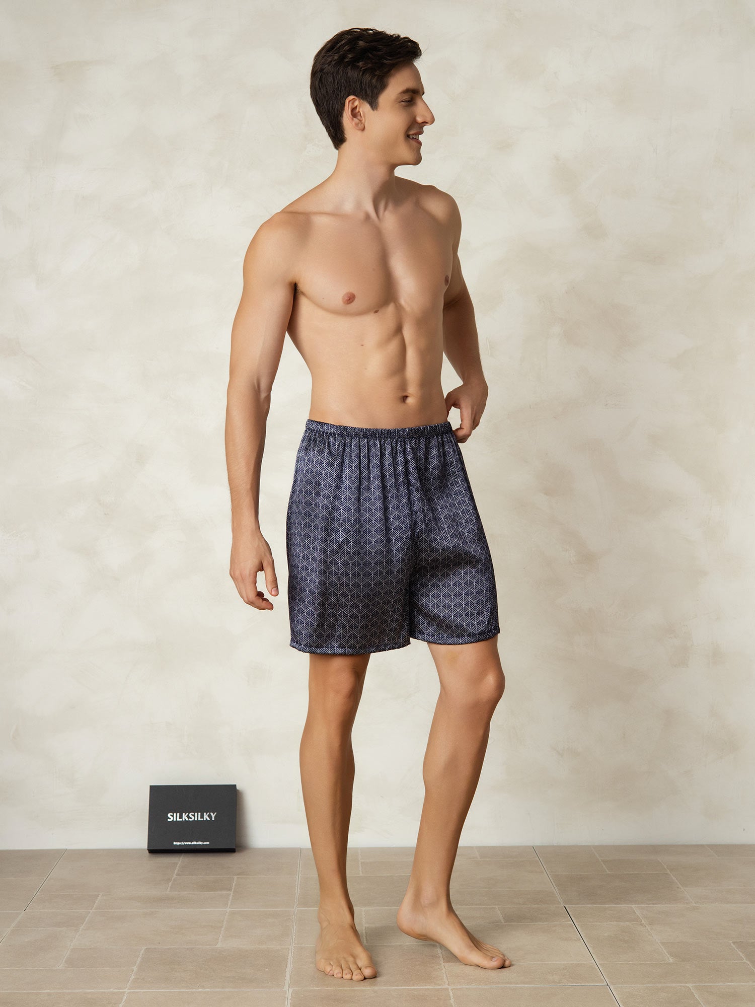 [Navy Ginkgo] SilkSilky-AU Pure Silk Mens Sleep Bottoms 005