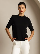 [Black] SilkSilky-AU Half Sleeve Crew Neck Women's T-Shirt 001