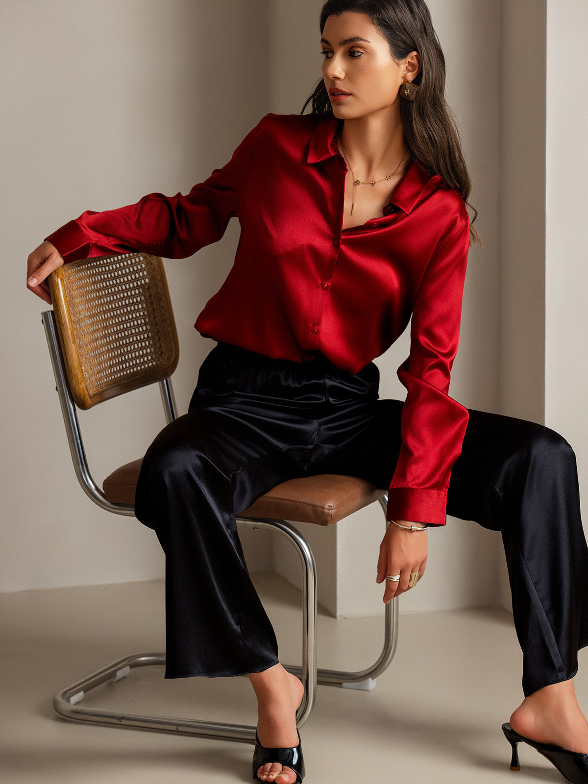 [Red] SilkSilky-AU 19Momme Stretch Silk Charmeuse Long Sleeve Lapel Collar Women's Shirt 001