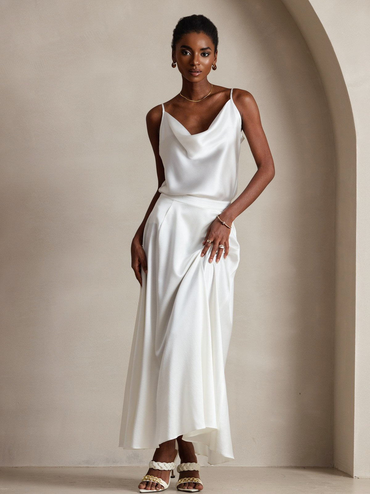 [White] SilkSilky-AU 19Momme Stretch Silk Charmeuse Spaghetti Strap Cowl Neck Camisole 001