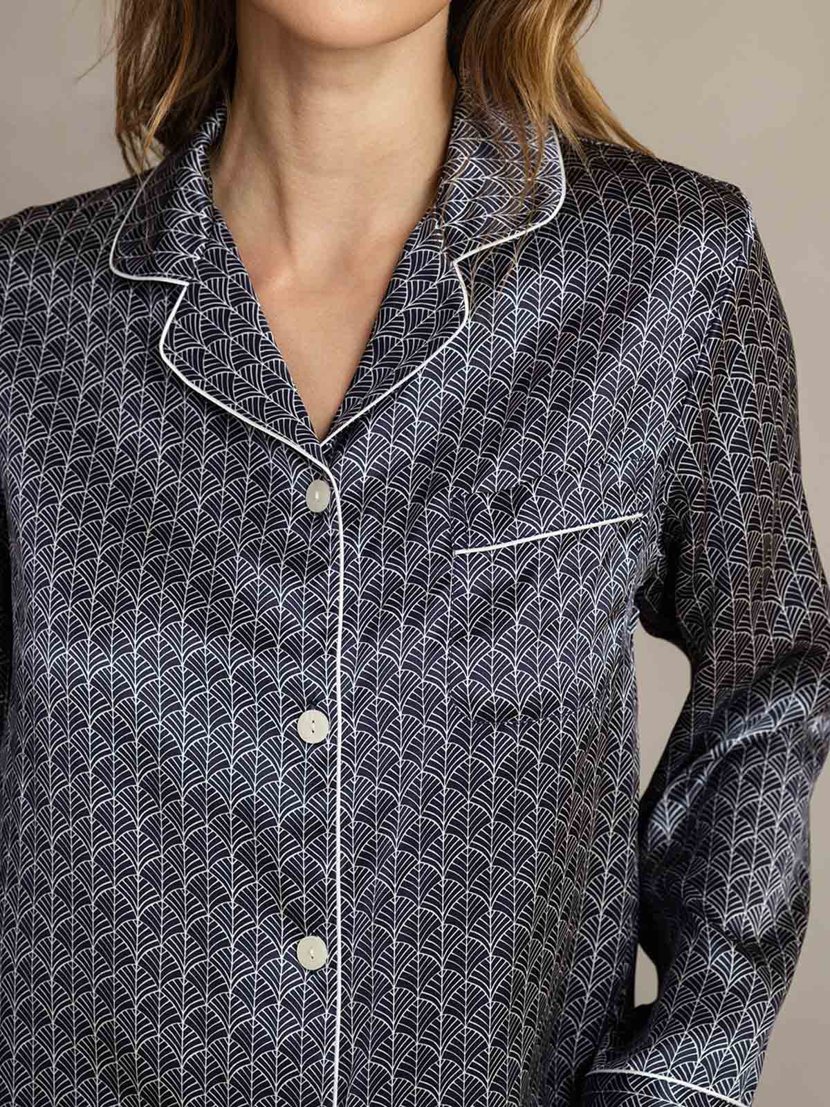 [Navy Ginkgo] SilkSilky-AU Pure Silk Womens Pajamas 006