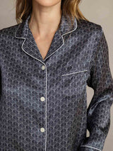 [Navy Ginkgo] SilkSilky-AU Pure Silk Notch Collar Women's Pyjamas 006,