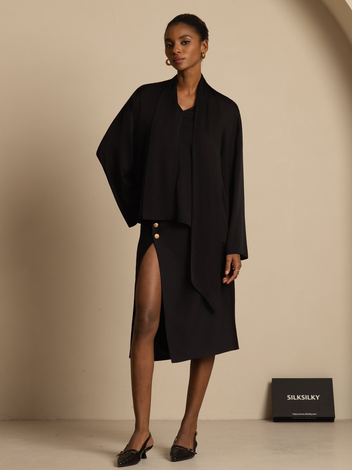 [Black] SilkSilky-AU 19Momme Stretch Silk Double Georgette Long Sleeve V Neck Blouse 006