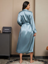 [Grayish Blue] SilkSilky-AU 19Momme Stretch Silk Charmeuse Long Sleeve Women's Dressing Gown 002