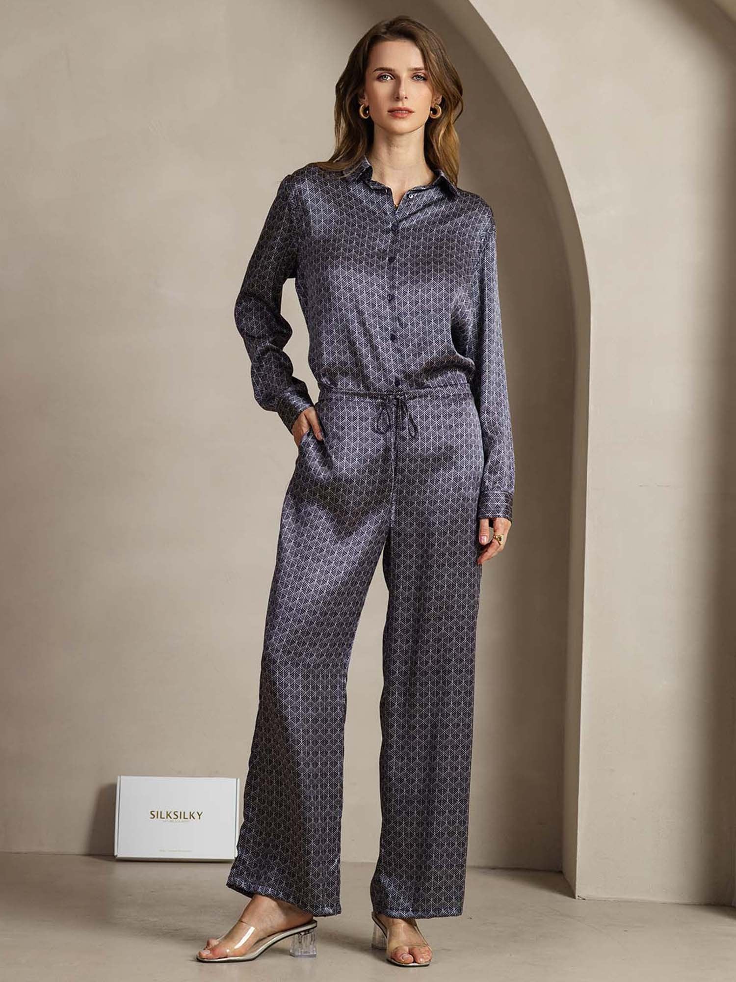 [NavyGinkgo] SilkSilky-AU 19Momme Silk Lapel Collar Women''s Outfit Sets 001