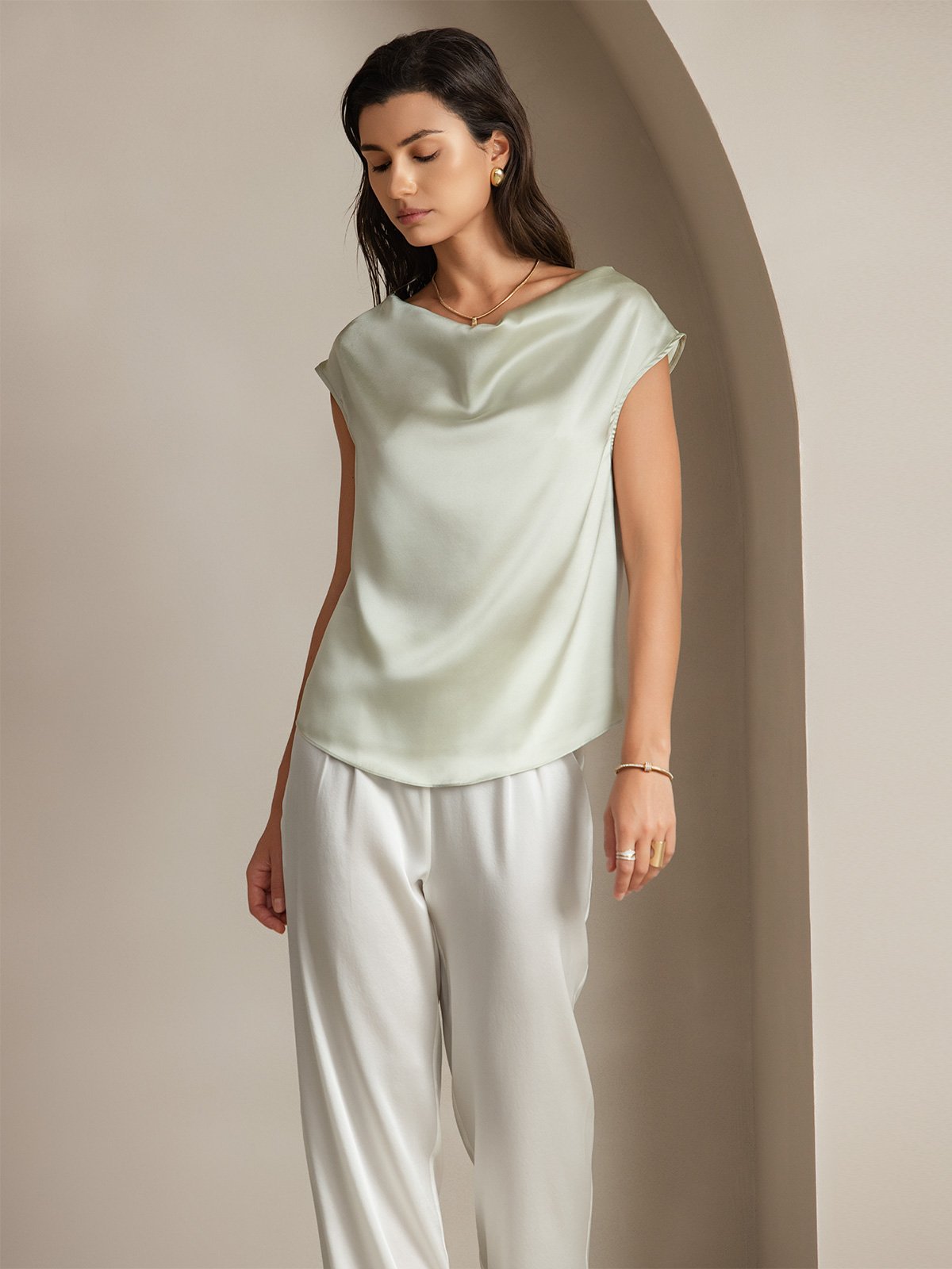 [Light Green] SilkSilky-AU 19Momme Silk Sleeveless Cowl Neck Women's T-Shirt 003
