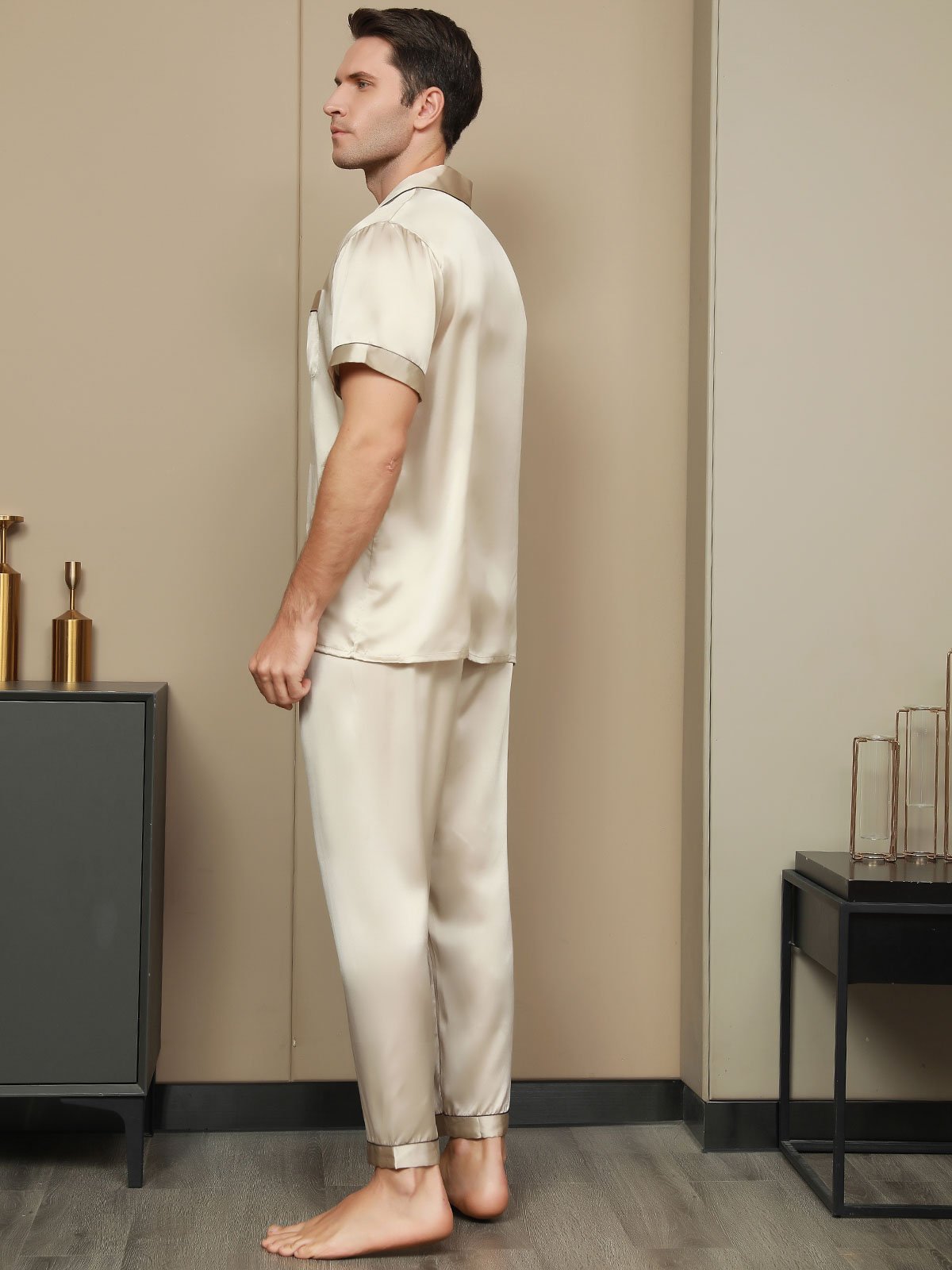 Men‘s Pure Silk Piping Trim Pajama Set 2Pcs