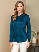 [Teal] SilkSilky-AU Long Sleeve Lapel Collar Women's Shirt 001