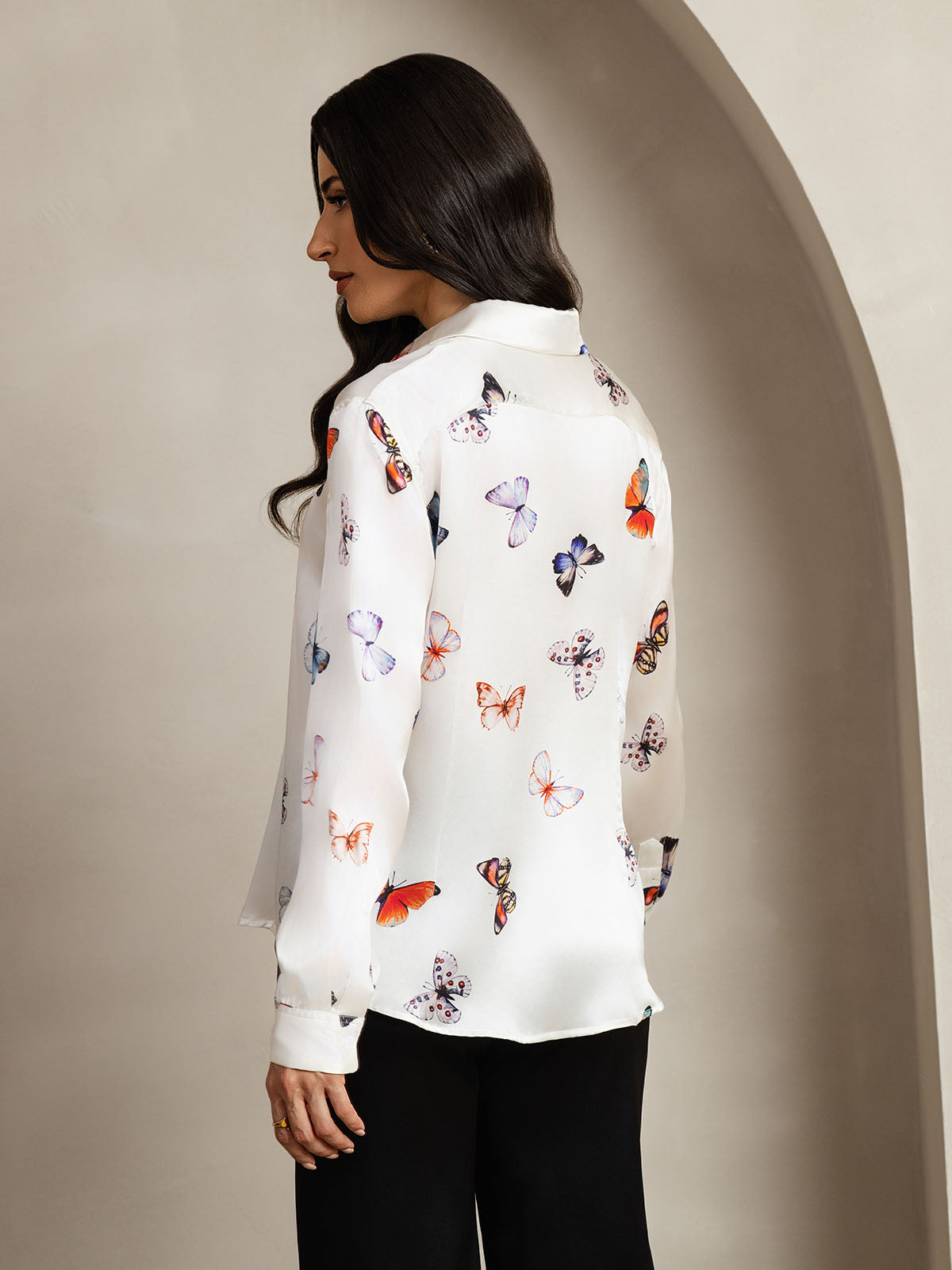[White Butterfly] SilkSilky-AU Silk Lapel Collar Women's Shirt 002
