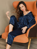 SilkSilky-AU Pure Silk Long Sleeve Lapel Women's Pyjamas DarkBlue 007