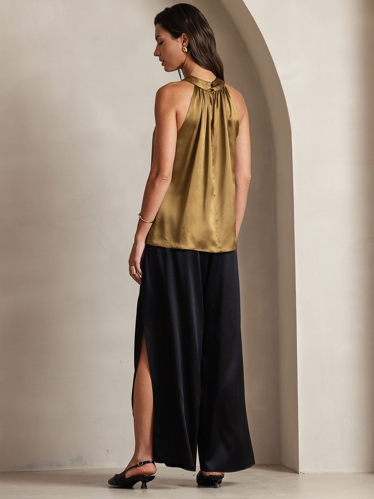 [Brown] SilkSilky-AU 19Momme Silk Sleeveless Halter Neck Women's T-Shirt 002