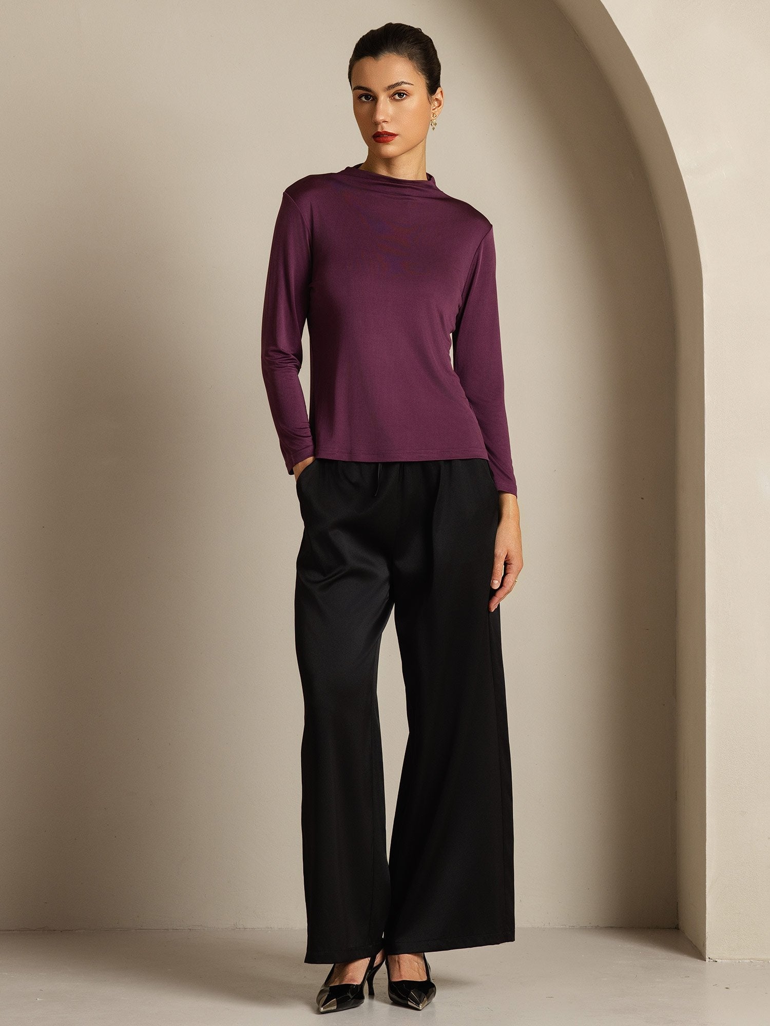 [Purple] SilkSilky-AU Pure Silk High Neck Women's T-Shirt 008