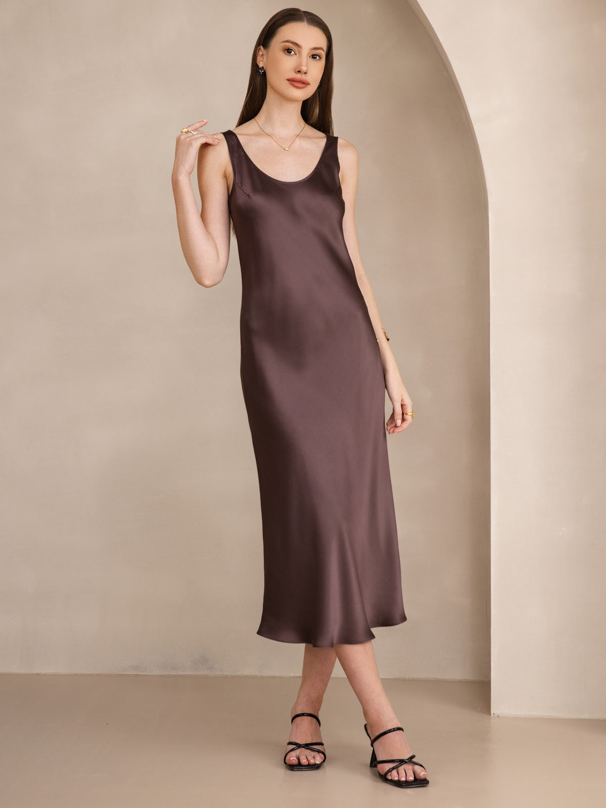 [Coffee] SilkSilky-AU Pure Silk Boat Neck Dress 005