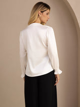 [White] SilkSilky-AU Long Sleeve Split Women's Blouse 002