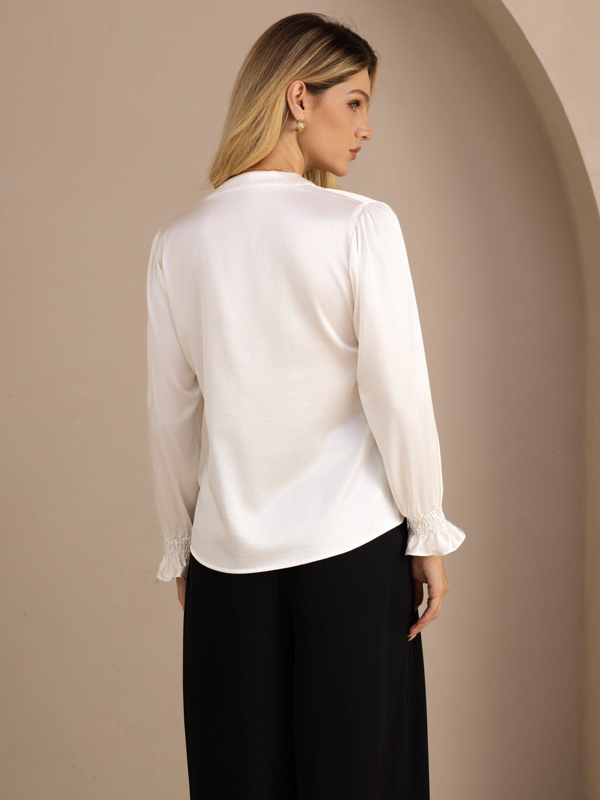 [White] SilkSilky-AU Long Sleeve Split Women's Blouse 002
