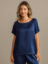 [Dark Blue] SilkSilky-AU 19Momme Machine-Washable Silk Short Sleeve Women's Pyjamas 007