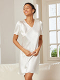 SilkSilky AU Pure Silk Short Sleeve V Neck Nightgown White 003