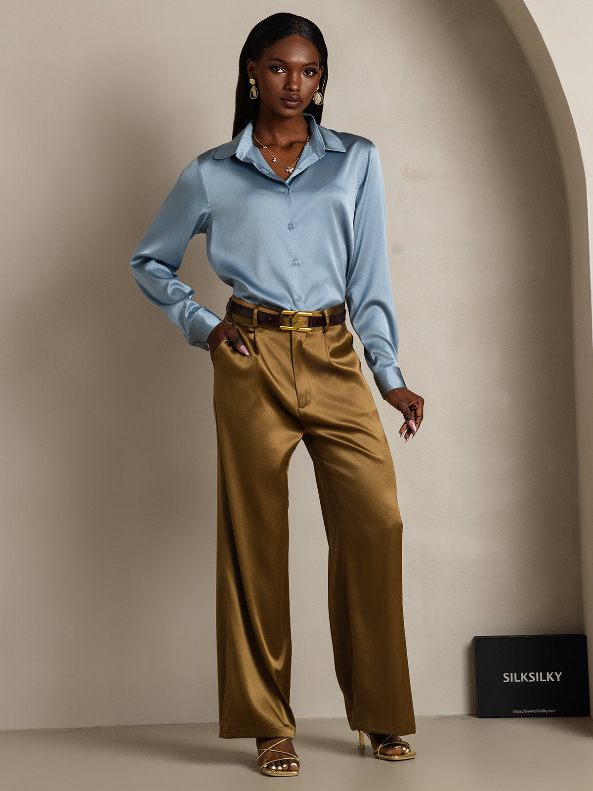 [Grayish Blue] SilkSilky-AU Silk Long Sleeve Lapel Collar Women's Shirt 007