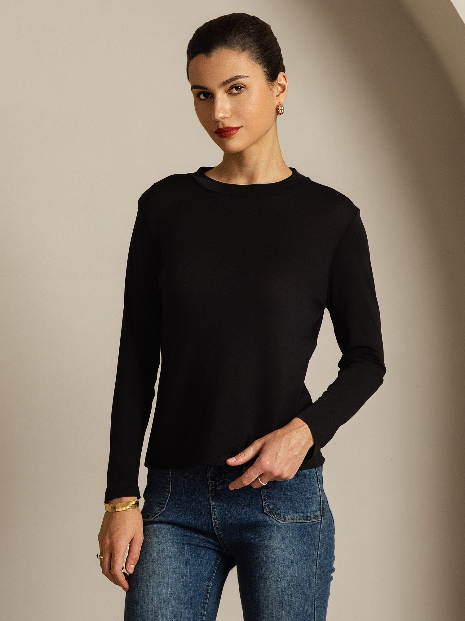 [Black] SilkSilky-AU Pure Silk Round Neck Women's T-Shirt 008