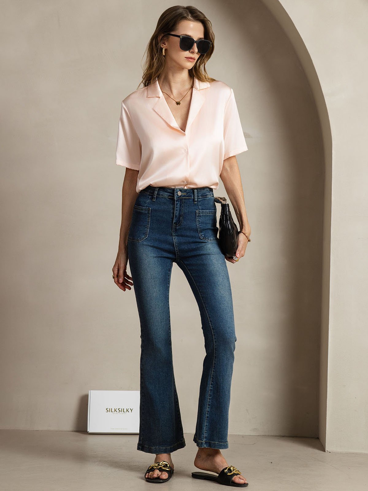 [Pink] SilkSilky-AU 19Momme Silk Notched Neck Women's Shirt 008