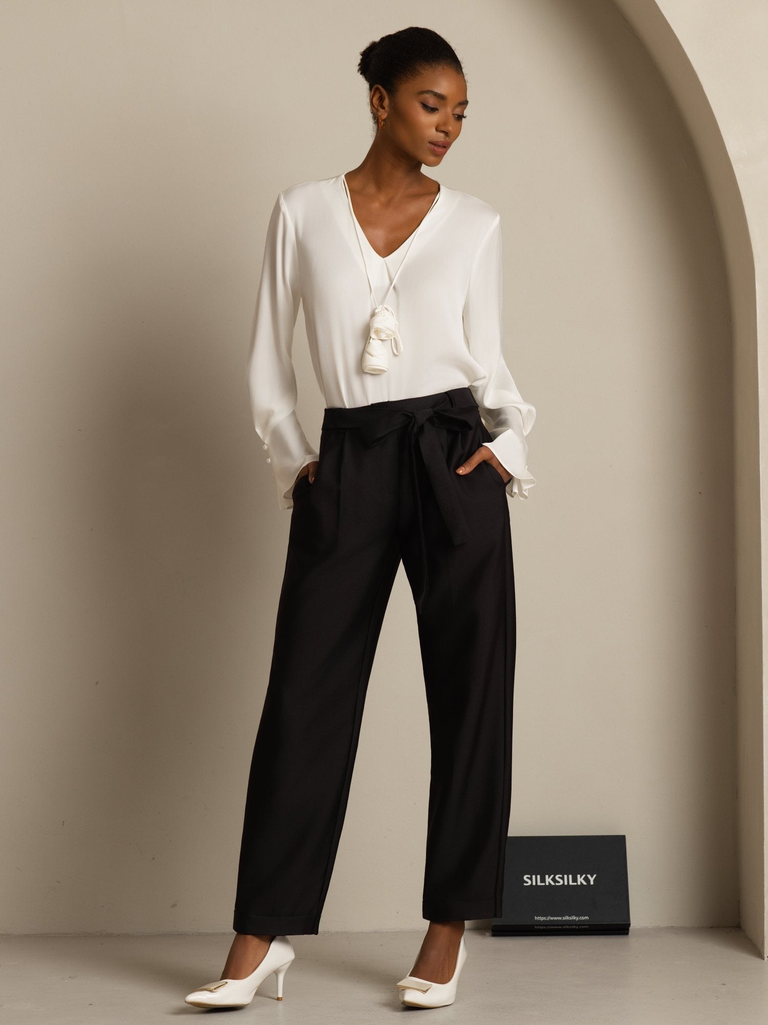 [White] SilkSilky-AU 19Momme Stretch Silk Double Georgette Long Sleeve V Neck Blouse 007