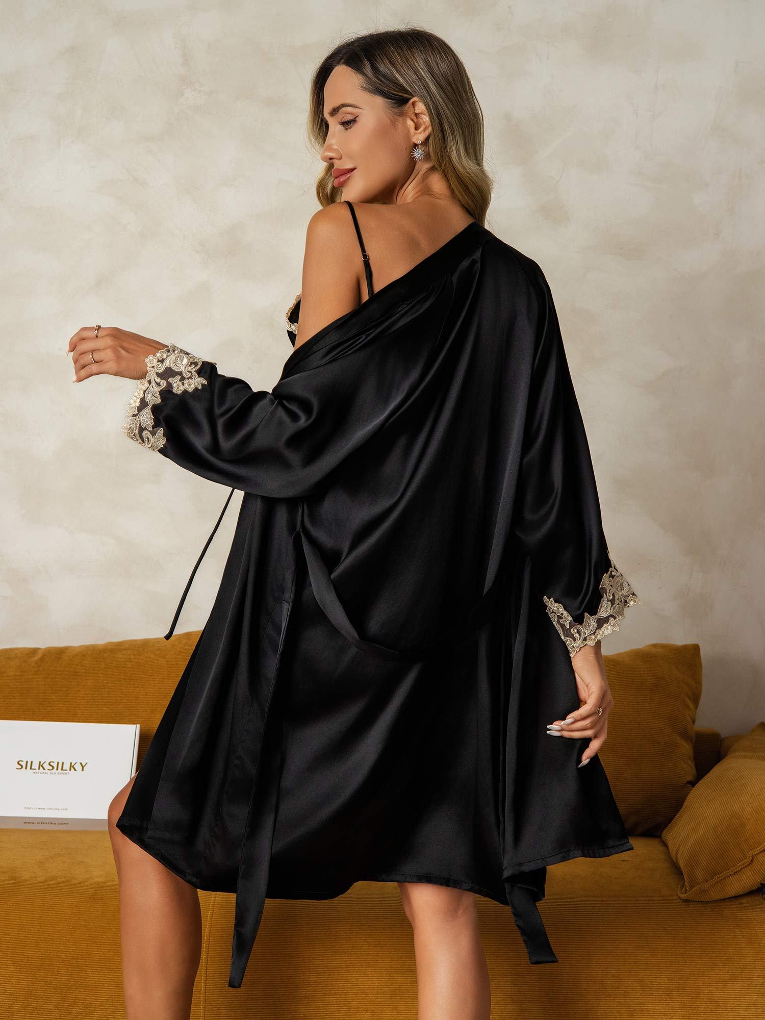 [Black] SilkSilky-AU Pure Silk V Neck Nightgown&Dressing Gown Set 002