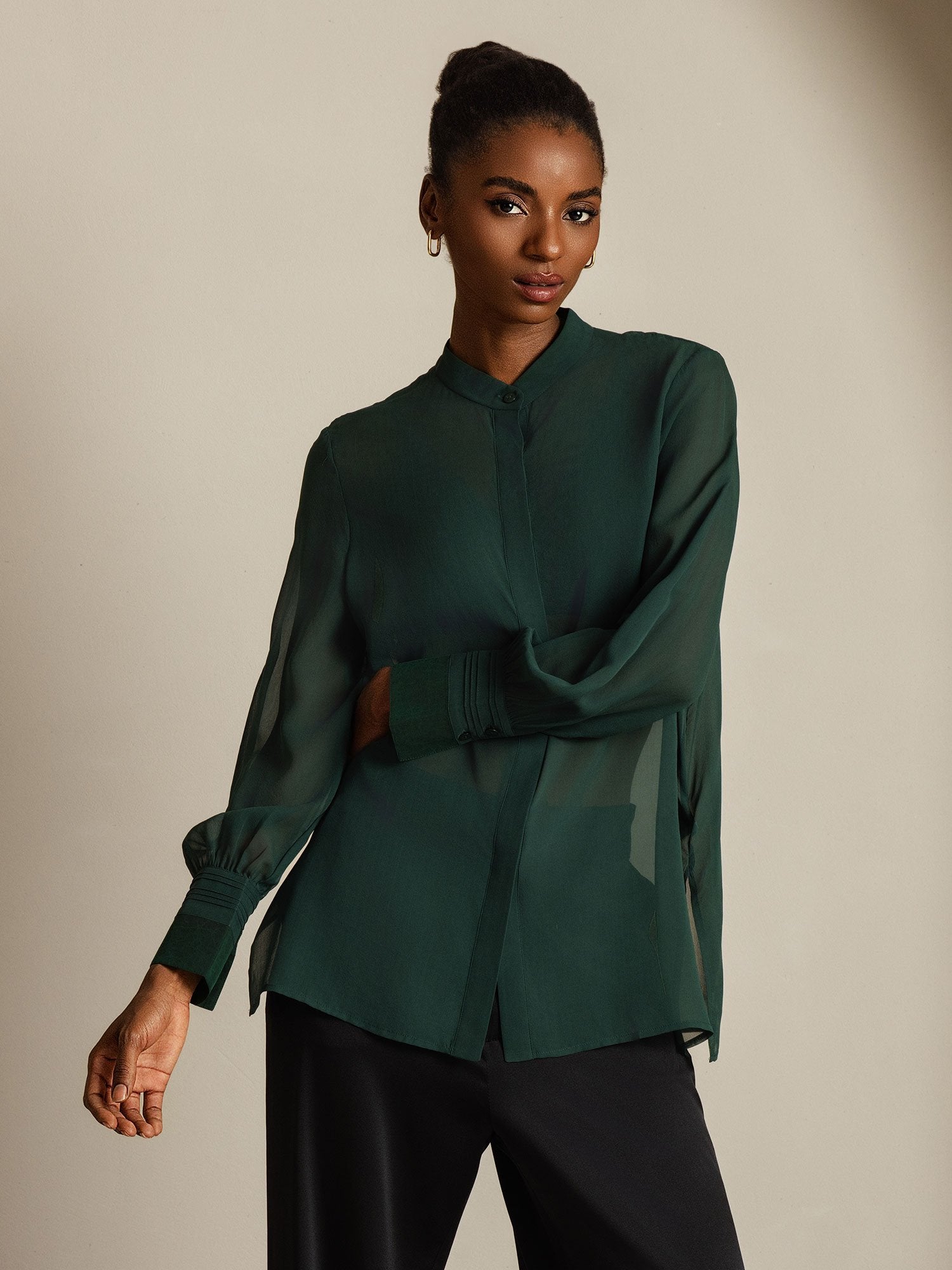 [Dark Green] SilkSilky-AU Pure Silk Split Women's Shirt 001
