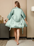 SilkSilky AU Pure Silk 3/4 Sleeve Nightgown&Robe Set MintGreen 002