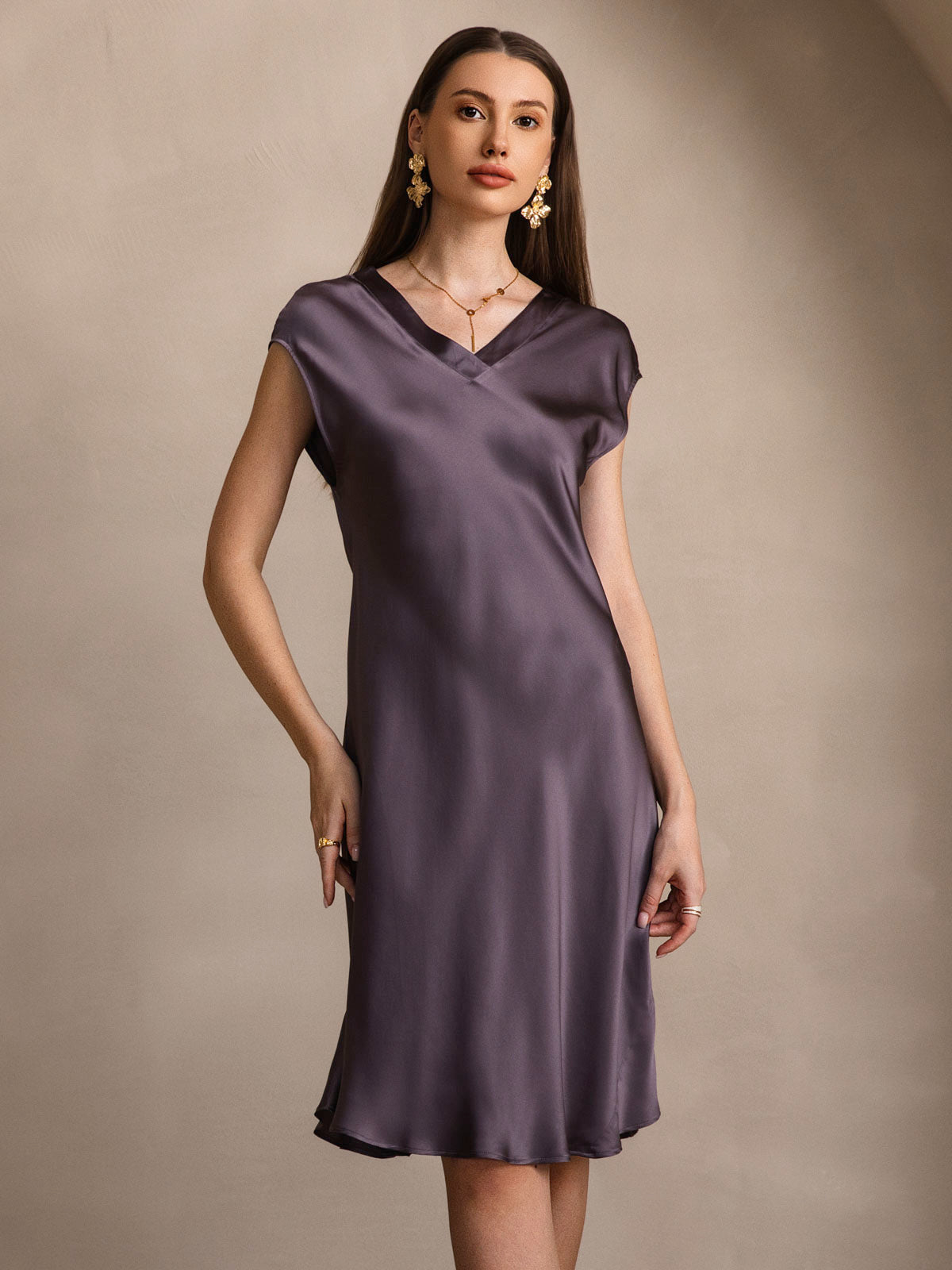 SilkSilky-AU Pure Silk Sleeveless V Neck Nightgown PurpleGray 004