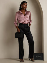 [Pale Mauve] SilkSilky-AU 19Momme Stretch Silk Charmeuse 3/4 Sleeve Lapel Collar Women's Shirt 007