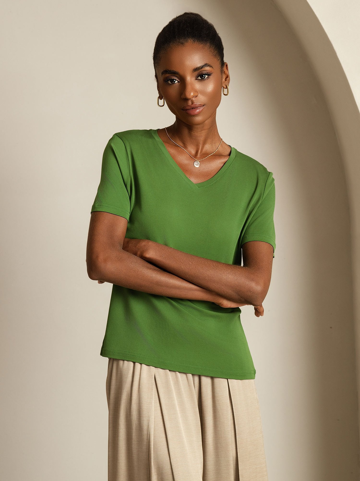 [Green] SilkSilky-AU Pure Silk V Neck Women's T-Shirt 007