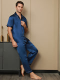 SilkSilky AU 19Momme Pure Silk Short Sleeve Lapel Men's Pyjamas DarkBlue 005