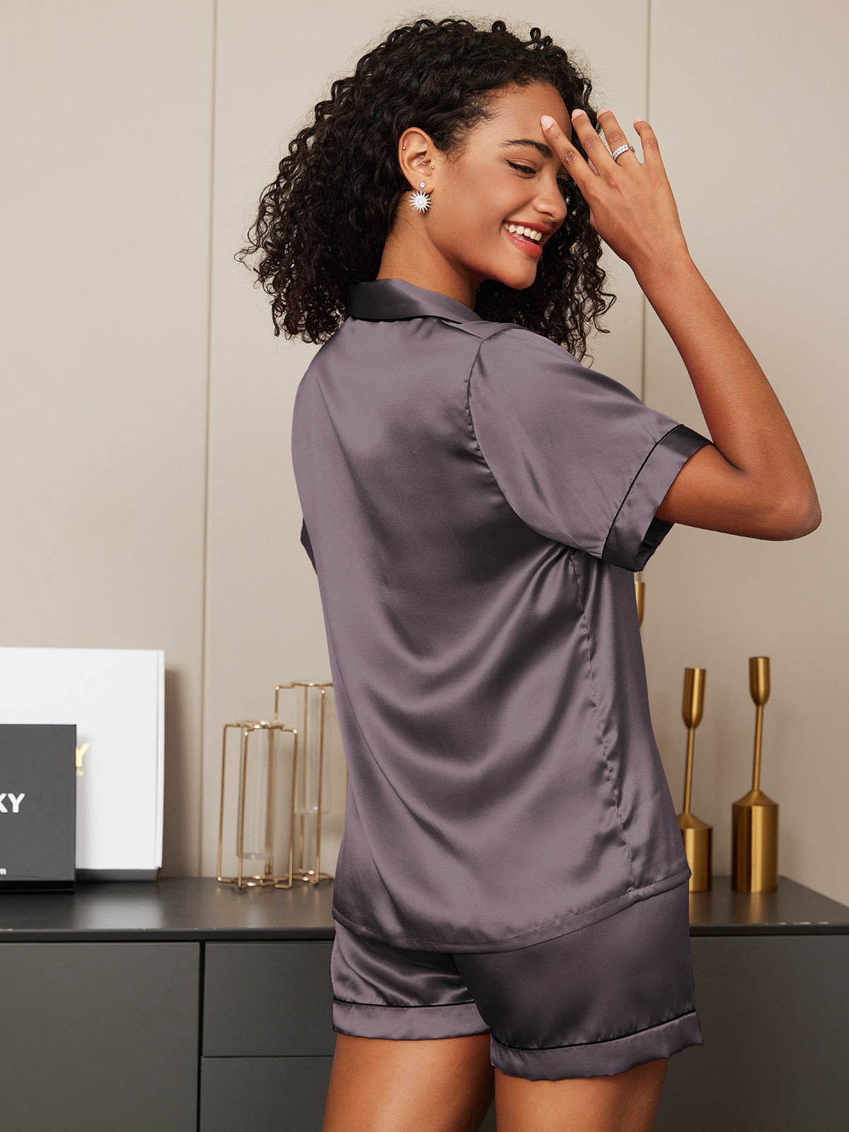 [Purple Gray] SilkSilky-AU Short Sleeve Notch Collar Women's Pyjamas 002