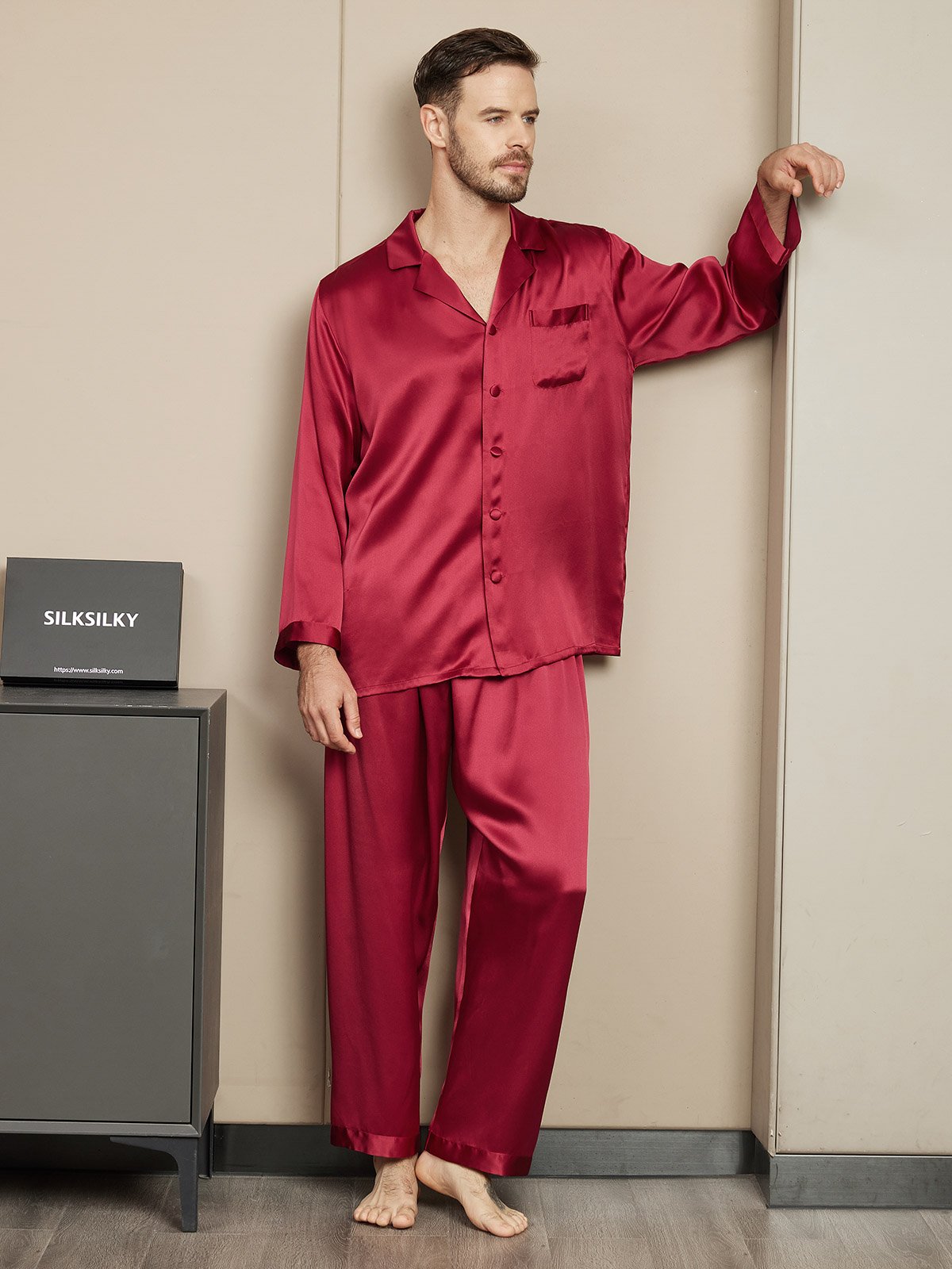 SilkSilky AU Pure Silk Long Sleeve Mens Pajamas Wine 004