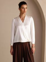 [White] SilkSilky-AU Long Sleeve Wrap Women's Blouse 001