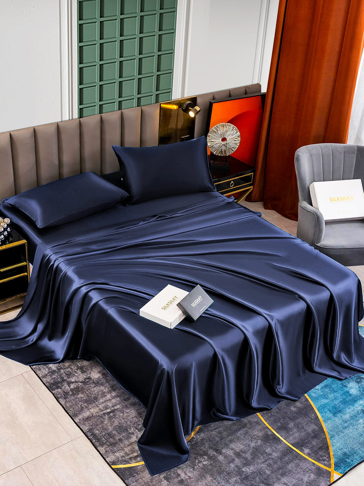 SilkSilky AU 25Momme Pure Silk Bedding Set DarkBlue 003