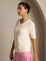 [Beige] SilkSilky-AU 100% High-Twist Silk Jersey Short Sleeve V Neck Women's T-Shirt 006