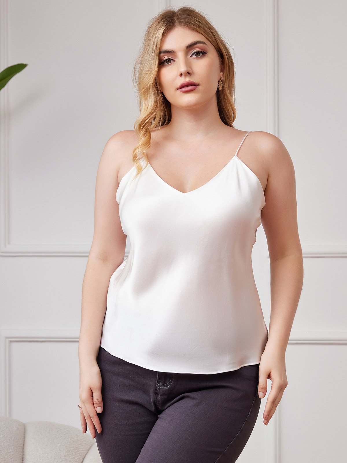 SilkSilky AU Pure Silk Deep V Neck Plus Size Camisole Top White 001