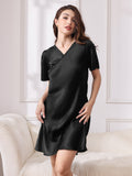 SilkSilky AU Pure Silk Short Sleeve V Neck Nightgown Black 005