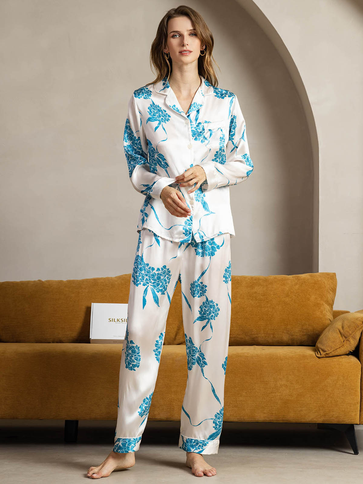 [Blue Floral] SilkSilky-AU Pure Silk Womens Pajamas 003