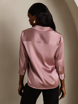 [Pale Mauve] SilkSilky-AU 19Momme Stretch Silk Charmeuse 3/4 Sleeve Lapel Collar Women's Shirt 002