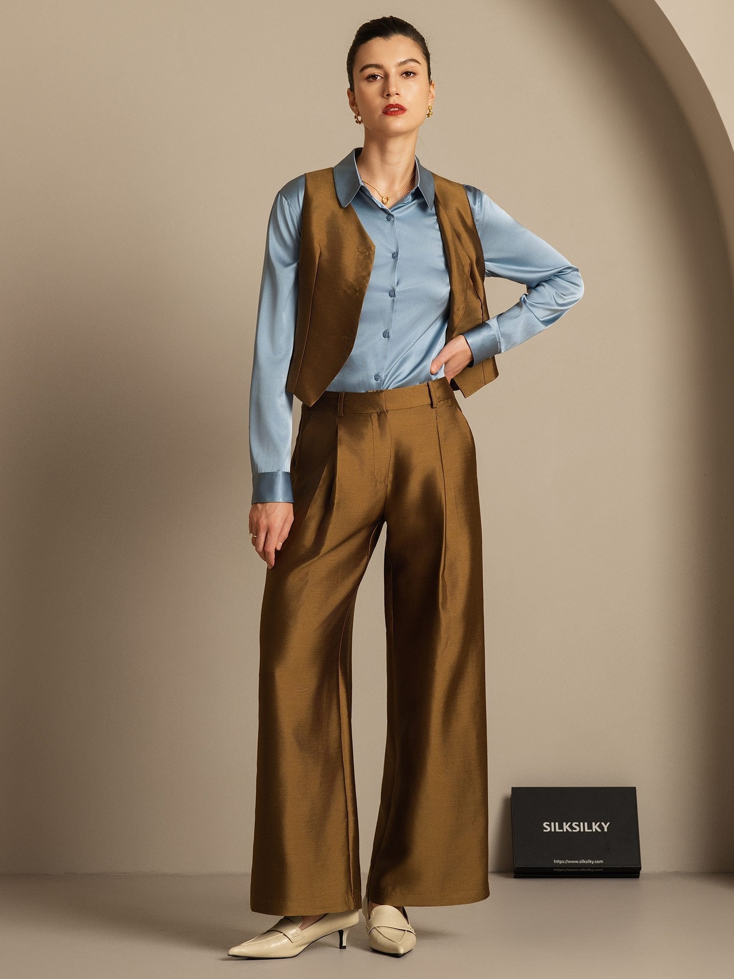 [Bronze] SilkSilky-AU 32Momme Wool V Neck Women's Vest 008,