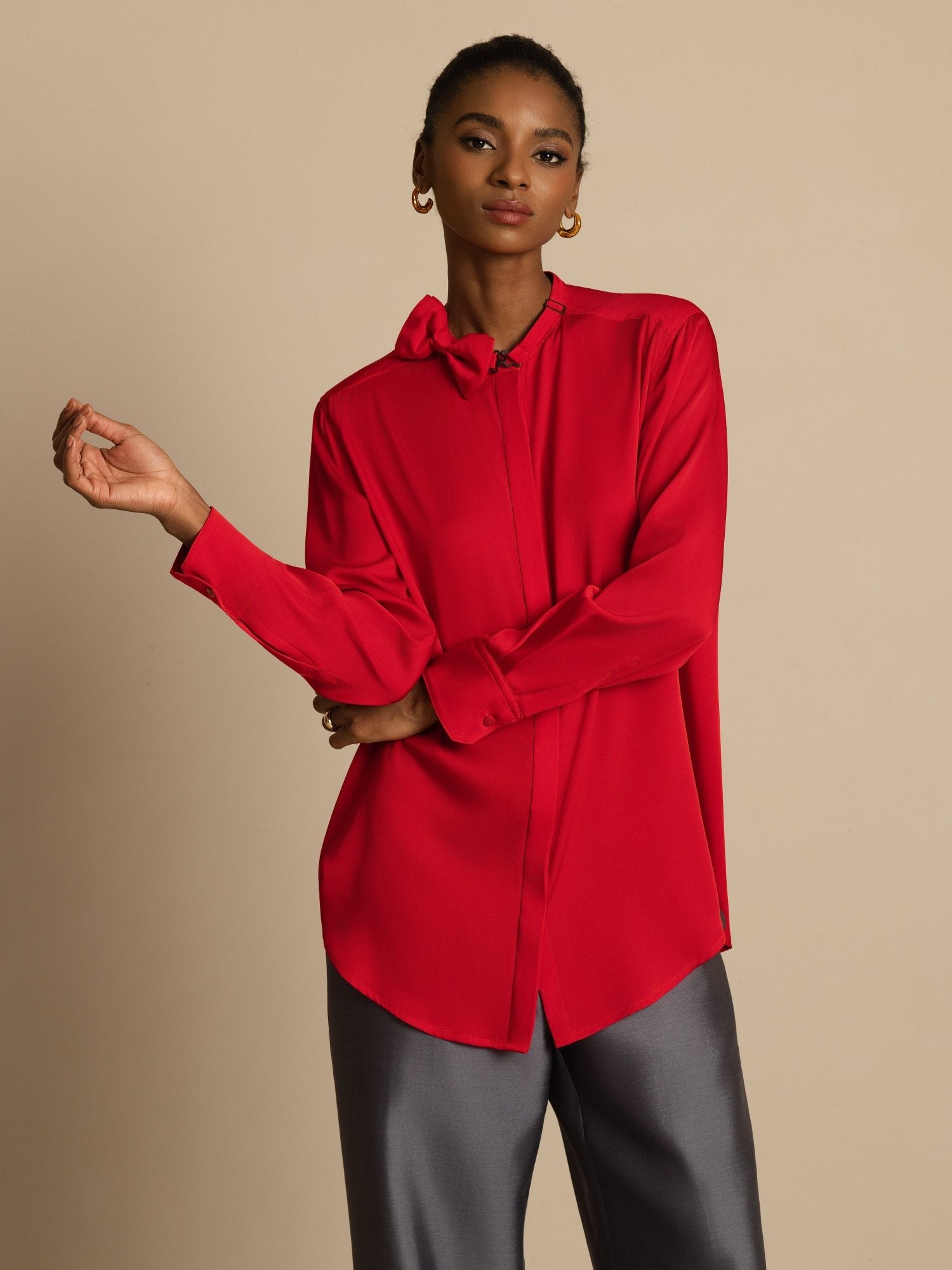 [Wine] SilkSilky-AU 19Momme Stretch Silk Double Georgette Long Sleeve Stand Collar Blouse 003