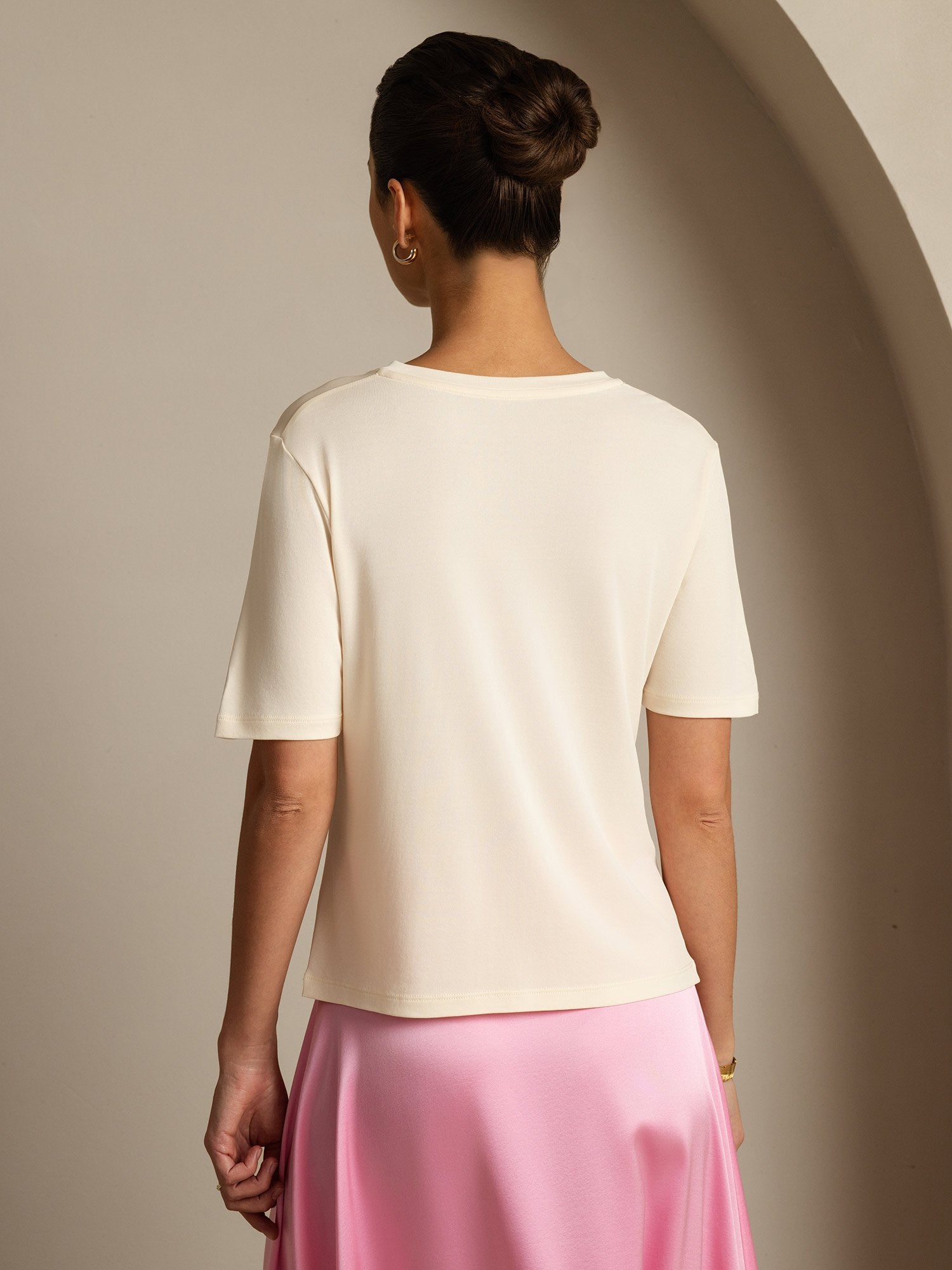 [Beige] SilkSilky-AU Pure Silk V Neck Women's T-Shirt 002