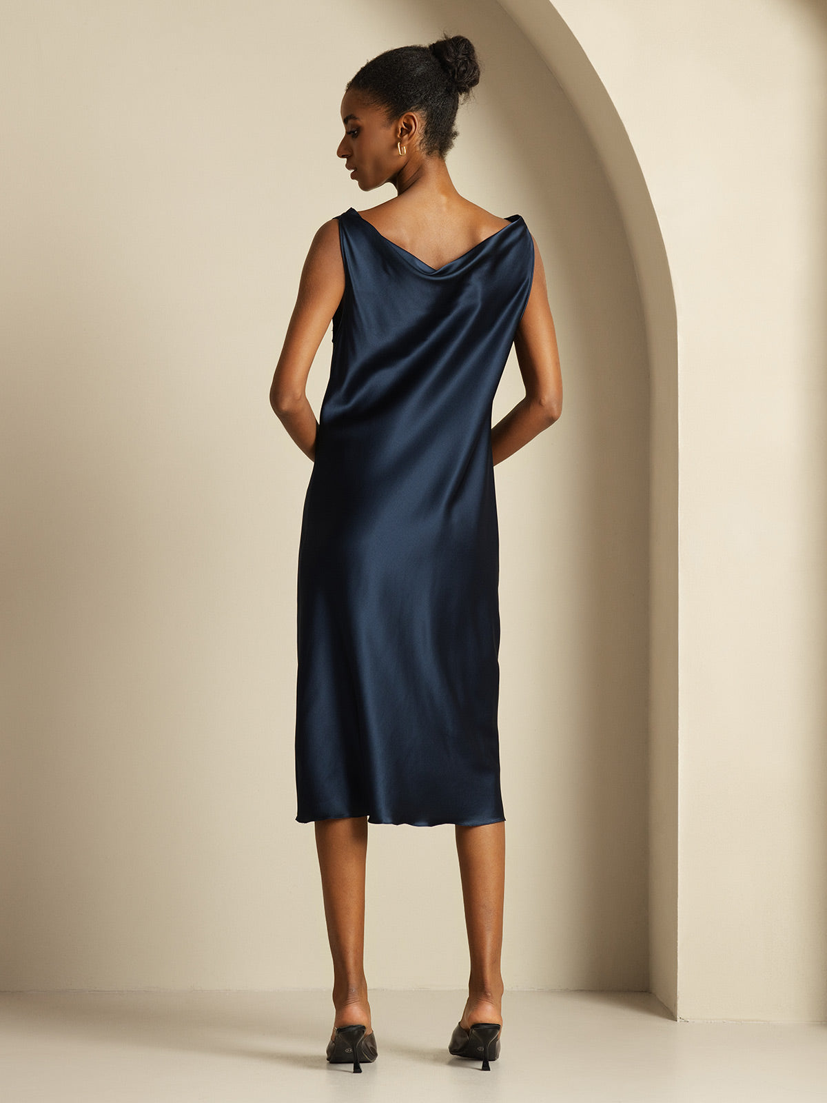 [Dark Blue] SilkSilky-AU Sleeveless Cowl Neck Dress 002