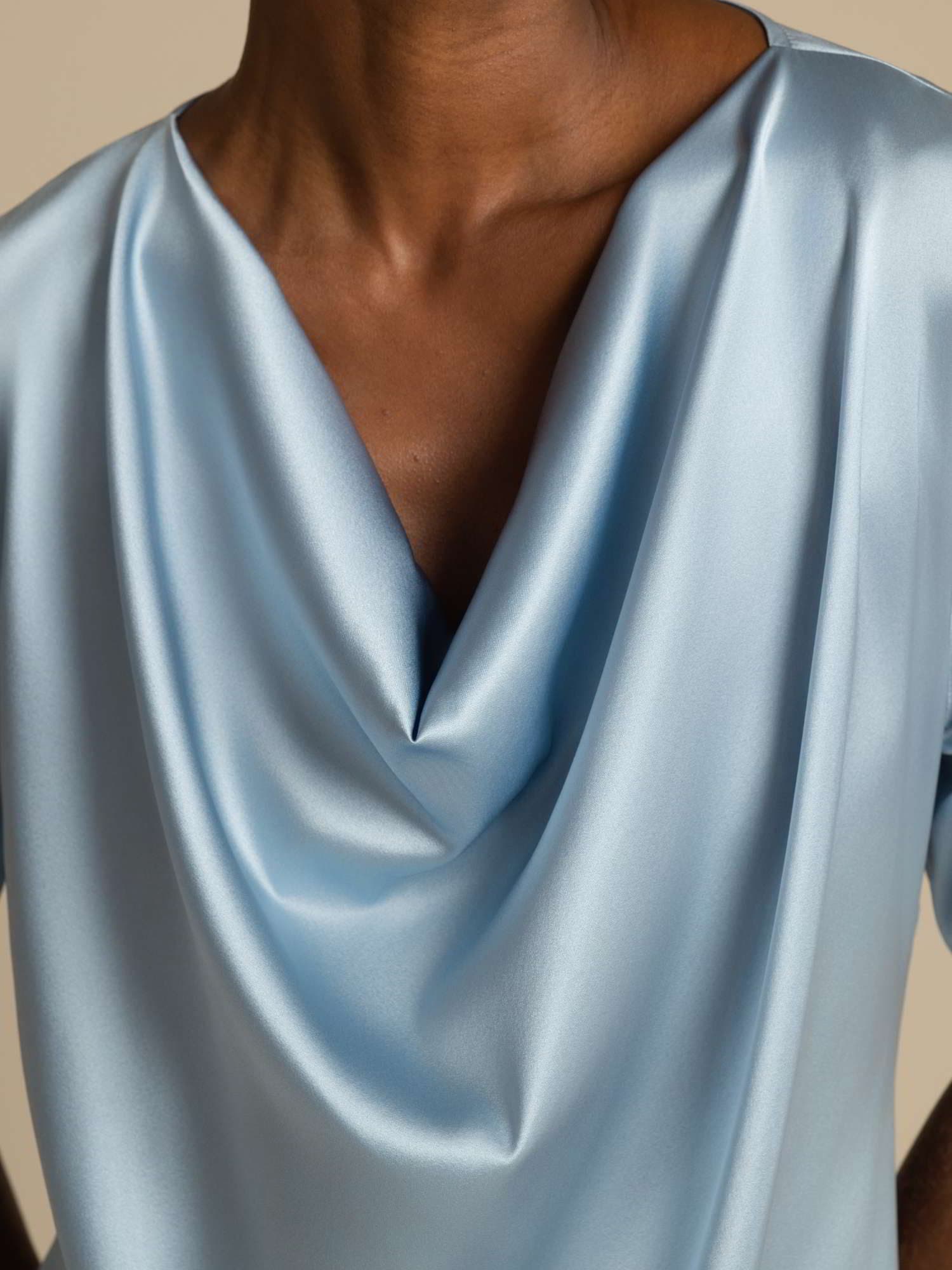 [Grayish Blue] SilkSilky-AU 19Momme Silk Short Sleeve Cowl Neck Blouse 003