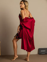 [Wine] SilkSilky-AU Half Sleeve V Neck Nightgown&Dressing Gown Set 002