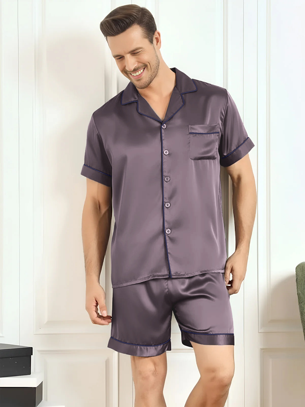 [Purple Gray] SilkSilky-AU Pure Silk Mens Pajamas 001,