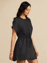 [Black] SilkSilky-AU 18Momme Silk Satin Surah Cap Sleeve Henley Neck Dress 004