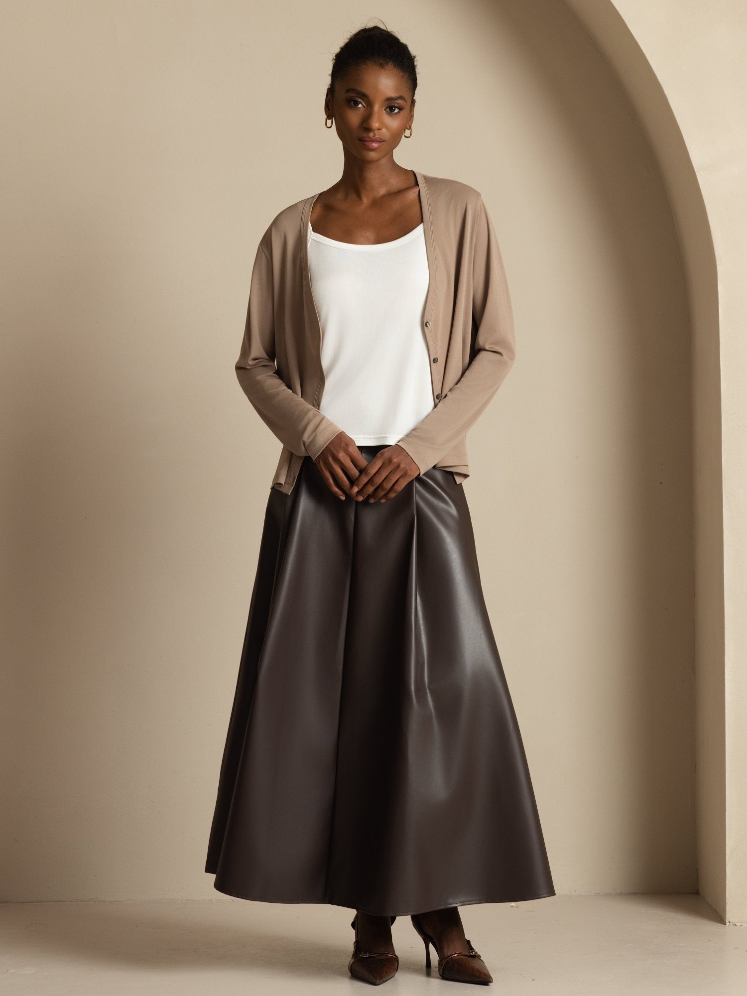 [Tan] SilkSilky-AU 19Momme 100% High-Twist Silk Jersey Long Sleeve V Neck Women's Cardigan 008